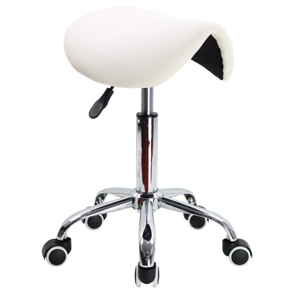 KKTONER rolling saddle stool in white PU leather with 360° swivel for smooth movement.