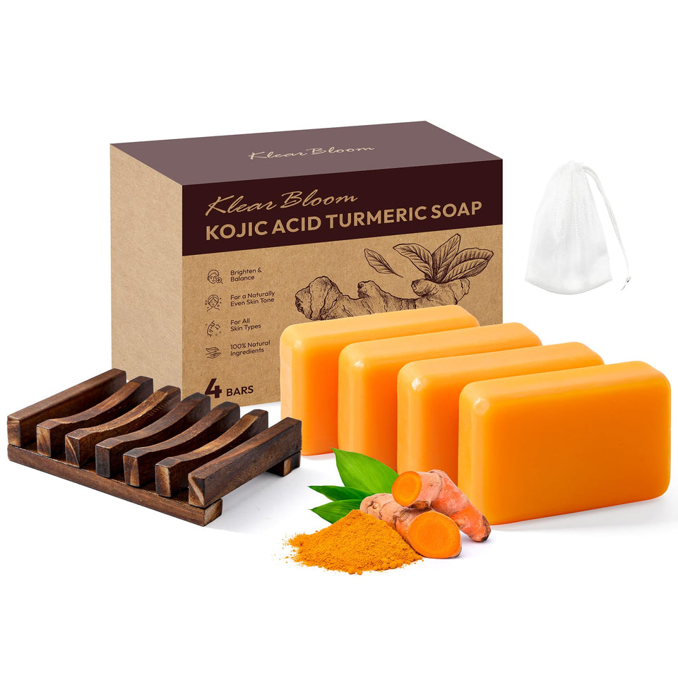 KlearBloom Kojic Turmeric Soap Bar closeup showing a brightening formula for even tone