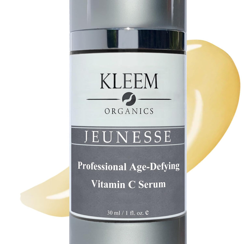 Kleem Organics anti-aging vitamin C serum bottle promotes bright, hydrated skin