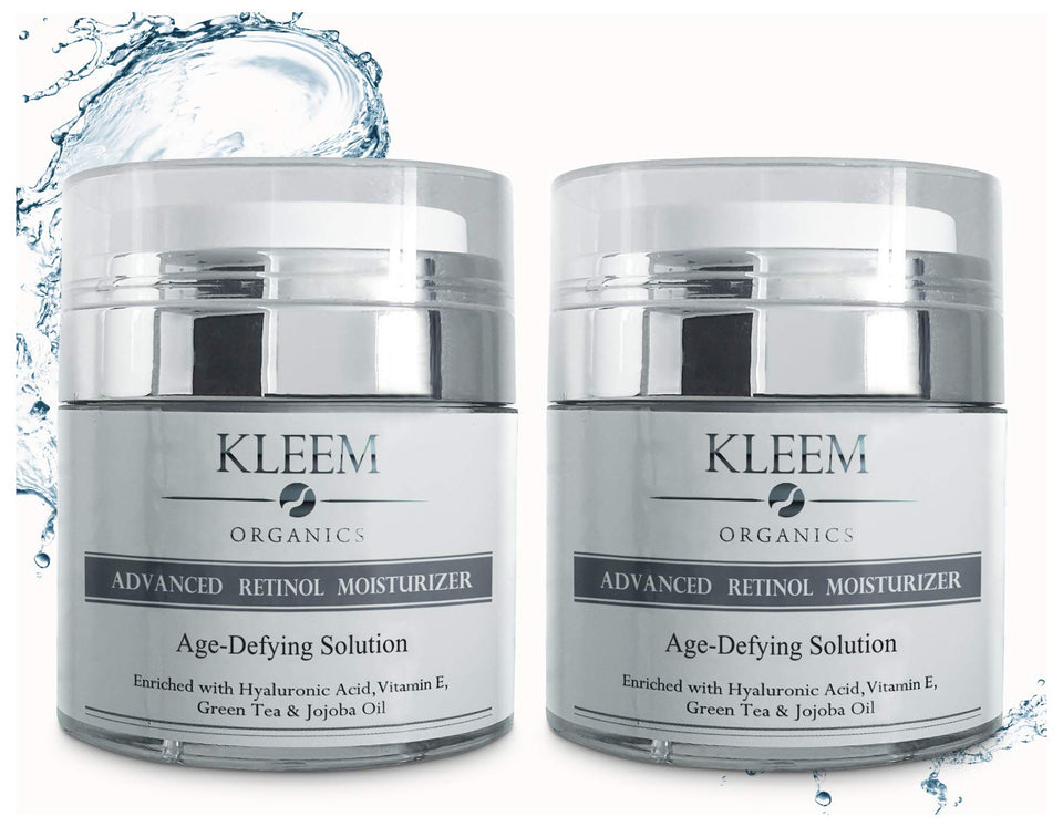 Kleem Organics retinol night cream bottle promotes overnight hydration and smoother skin.