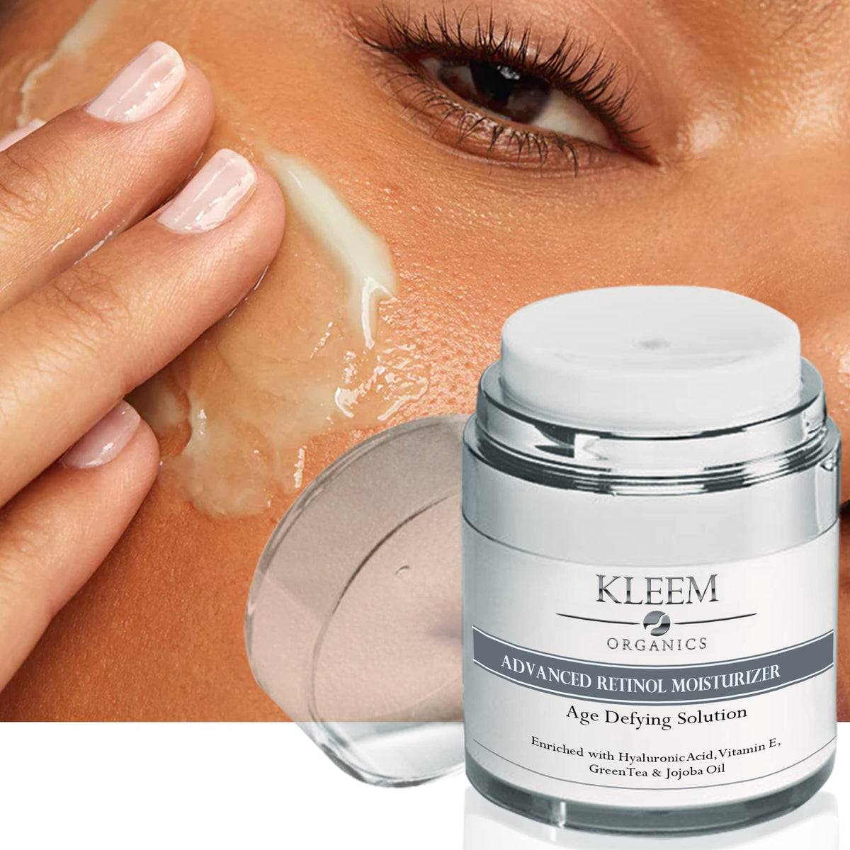 Kleem Organics retinol night cream jar shows rich, nourishing texture for the skin.