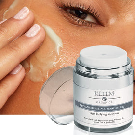 Kleem Organics retinol night cream jar shows rich, nourishing texture for the skin.