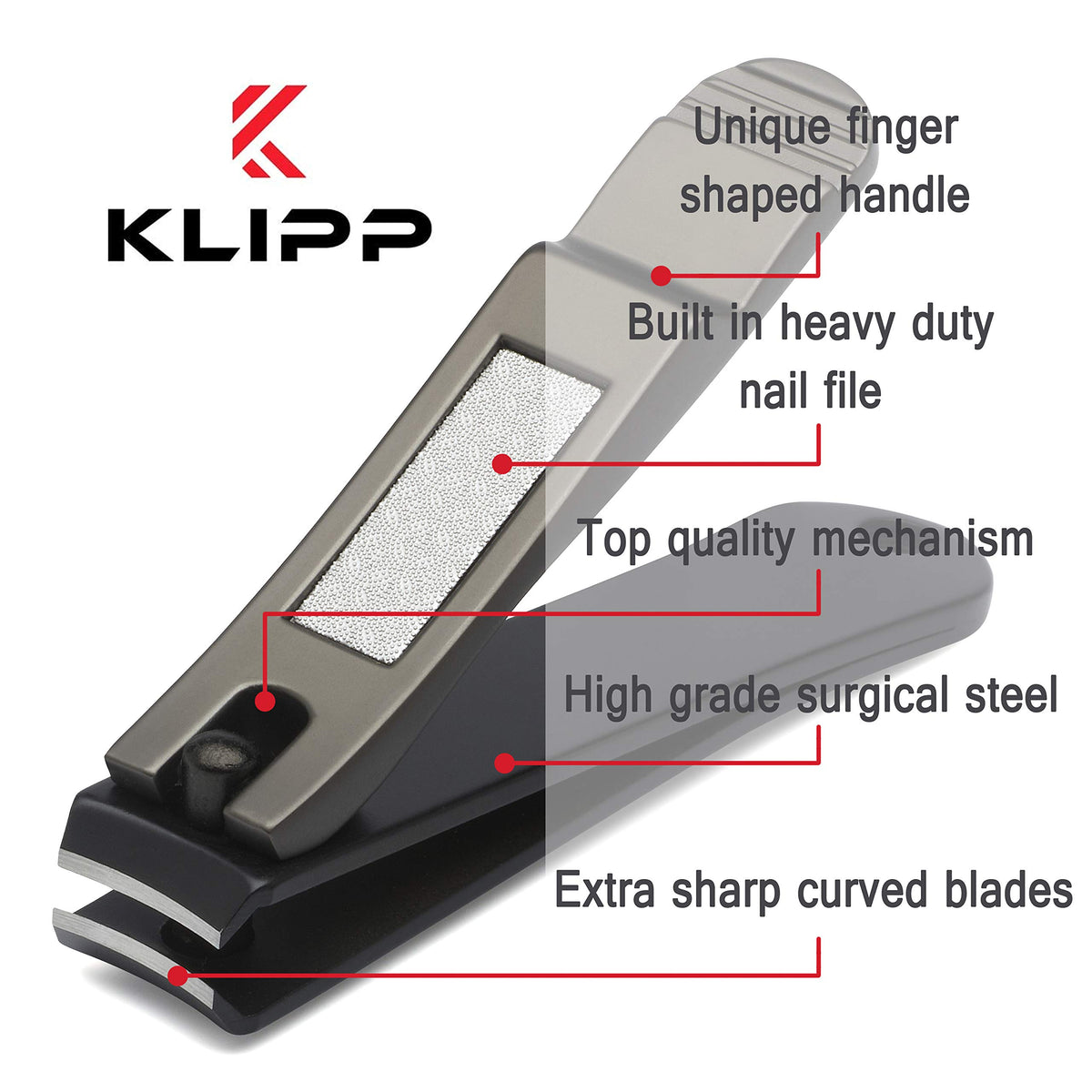 KLIPP razor-sharp cutting blades deliver clean cuts on tough nails.