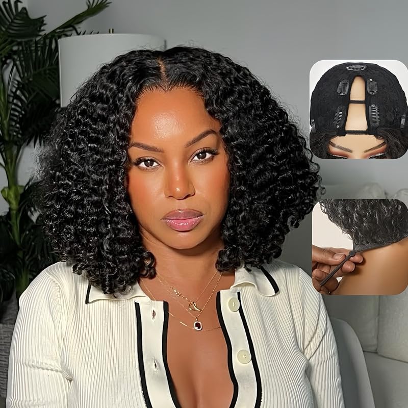 Kloiynj V Part Burmese curly wig close-up with natural color for daily wear.