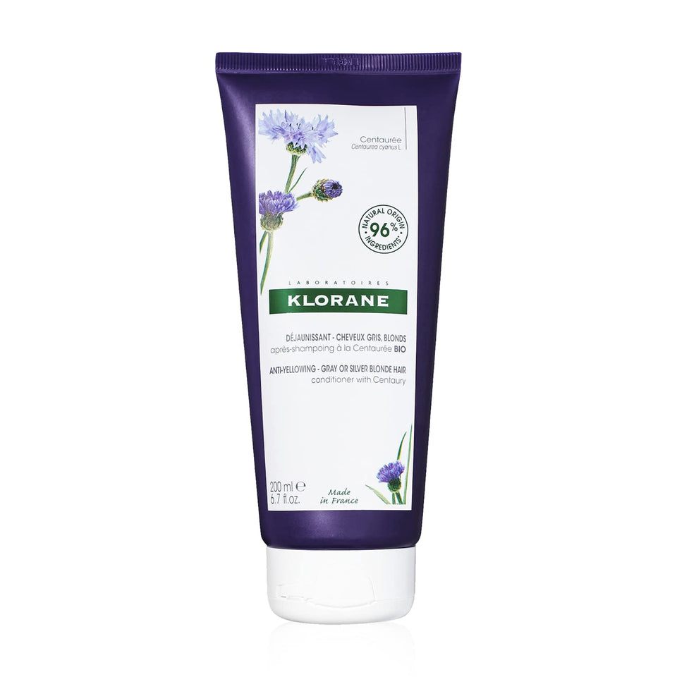 Klorane Centaurea Purple Conditioner bottle showing color-neutralizing formula for blonde hair