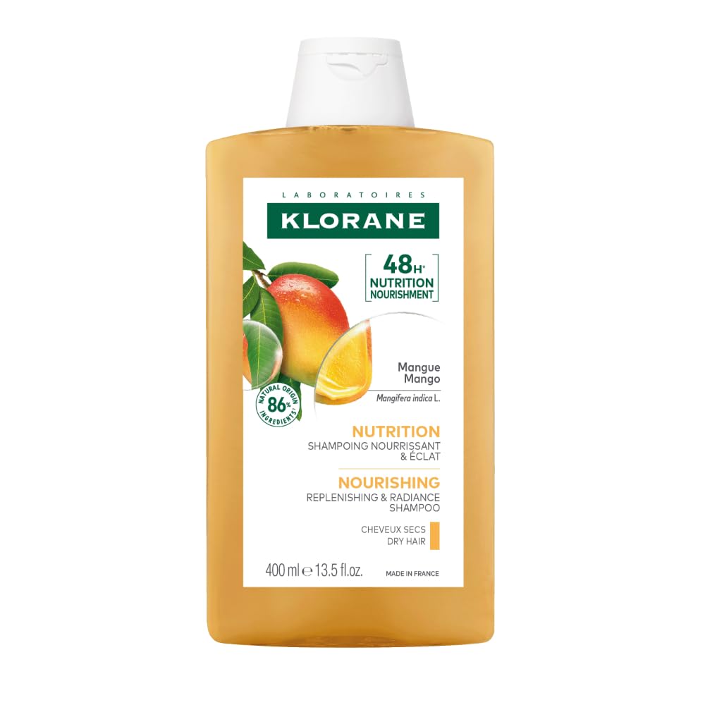Klorane Mango Butter Shampoo bottle pouring to hydrate hair