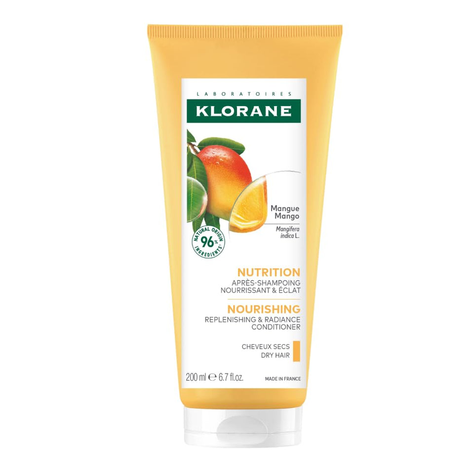 Klorane Mango Butter Nourishing Conditioner bottle delivers lightweight hydration for dry hair