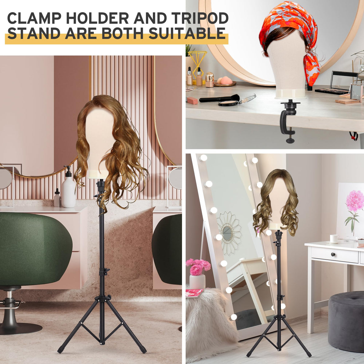 Klvied cork canvas wig head highlighting odor-free wig making