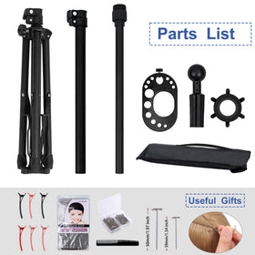 Klvied portable wig stand with travel bag for storage and transport.