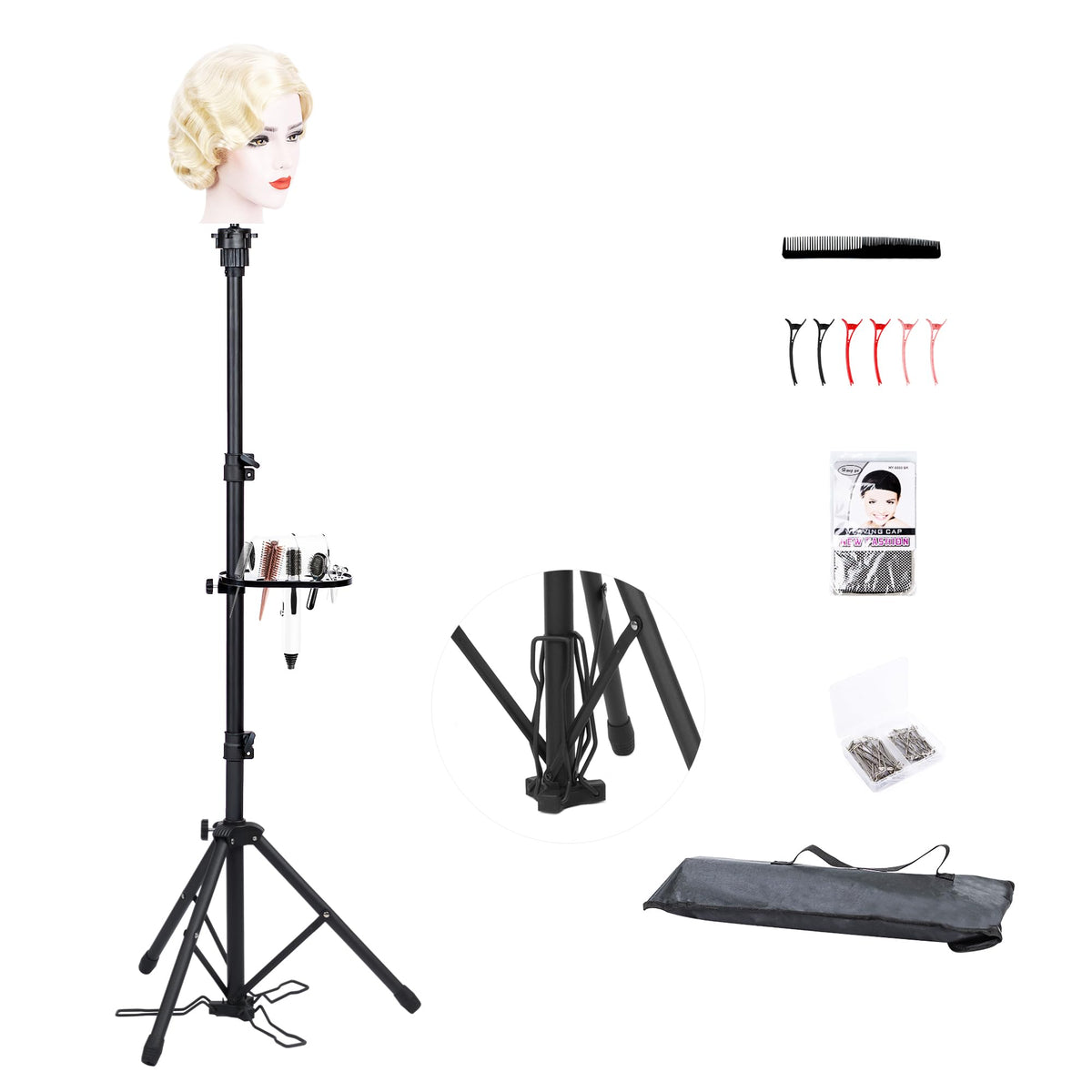 Klvied wig stand tripod base with foot pedals for stable styling.