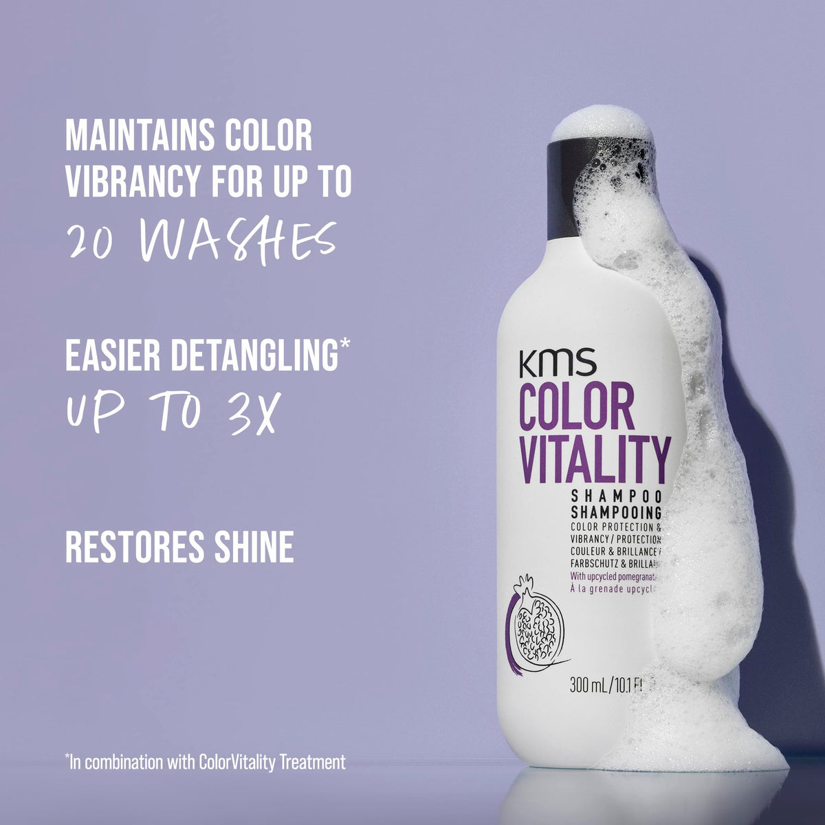 KMS ColorVitality Shampoo label close-up with UV filter and brightener