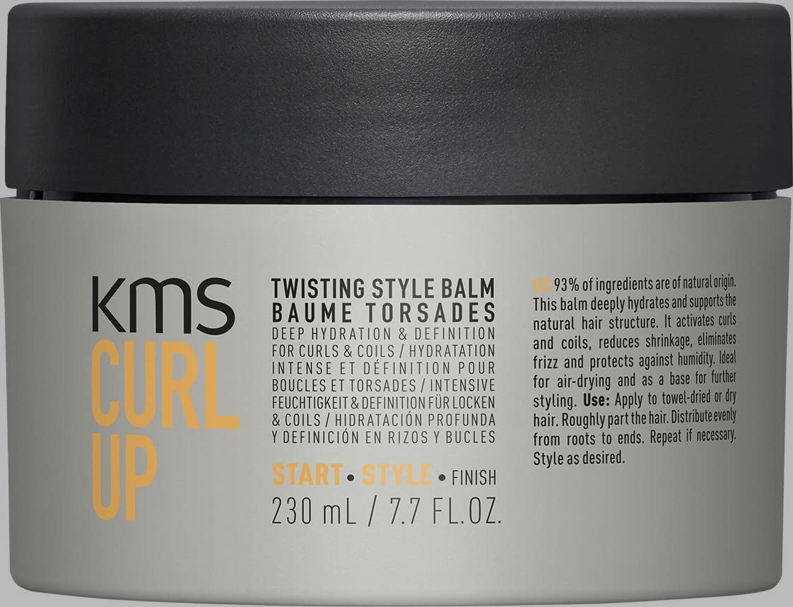 KMS CURLUP twisting style balm bottle front highlights hydrating formula for curly hair