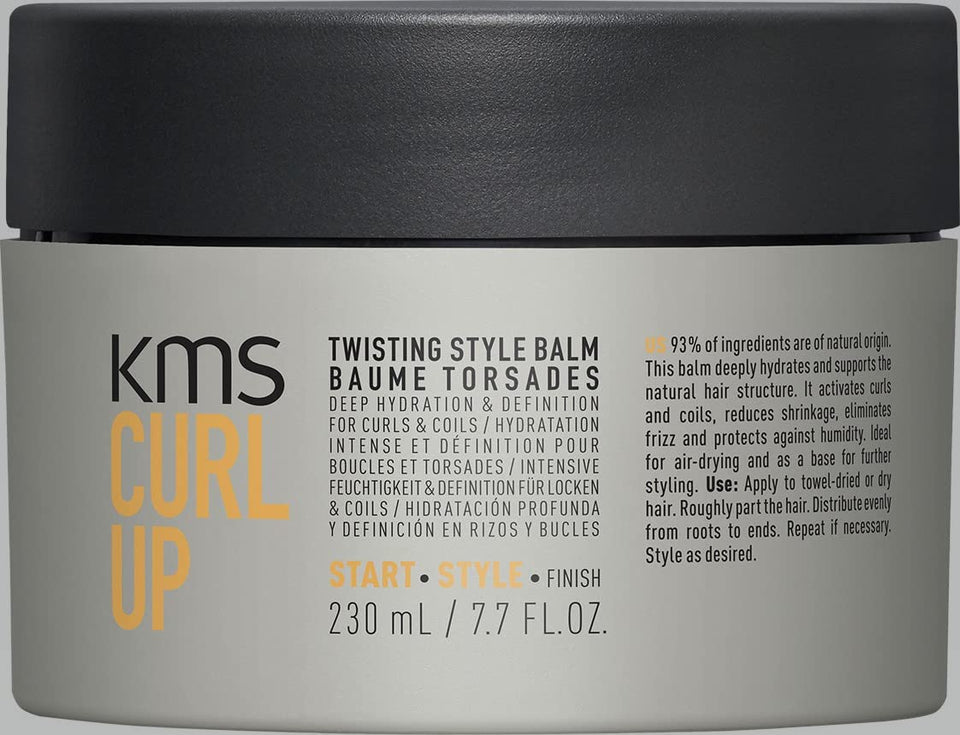 KMS CURLUP twisting style balm bottle front highlights hydrating formula for curly hair