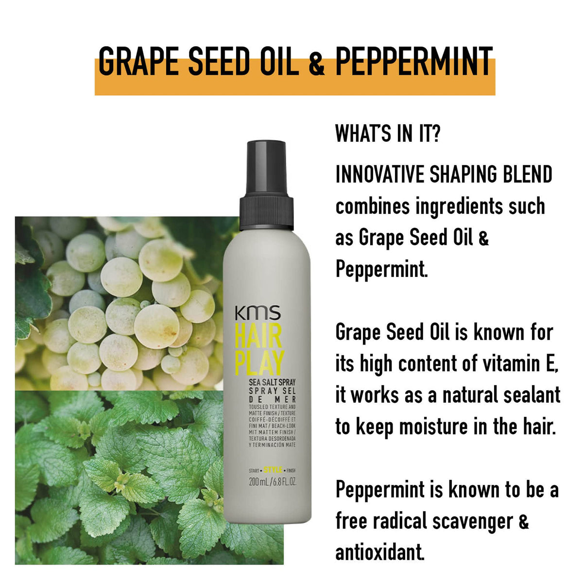 KMS Hairplay Sea Salt Spray close-up reveals textured, airy strands.