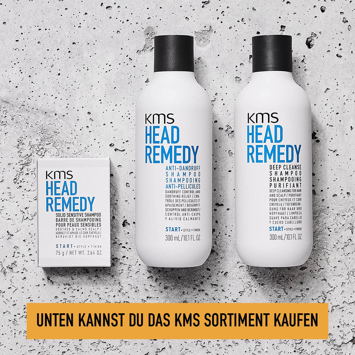 KMS Headremedy bottle on counter implies healthier-looking hair with light, effective cleansing