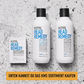 KMS Headremedy bottle on counter implies healthier-looking hair with light, effective cleansing