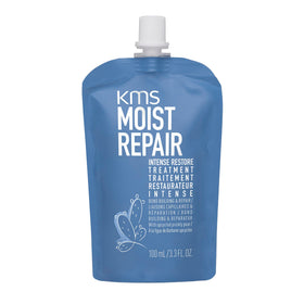 KMS MoistRepair Intense Restore bottle close-up highlighting bond-building benefits for damaged hair
