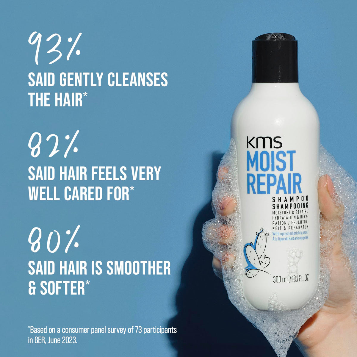 Close-up of bottle label showing vegan and color-safe guidance for care.
