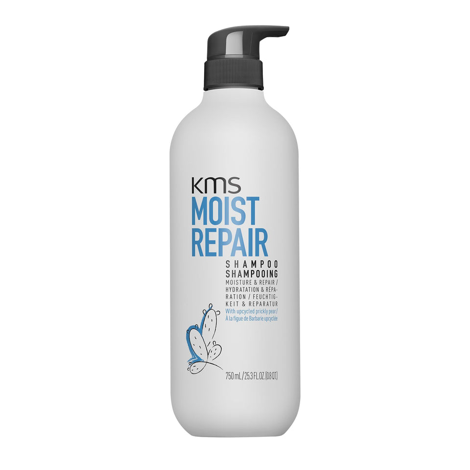 KMS MoistRepair Shampoo bottle front view highlights hydrating formula for dry hair.