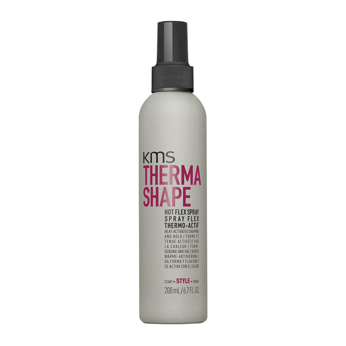 KMS ThermaShape Hot Flex Spray bottle demonstrates flexible hold for heat styling.