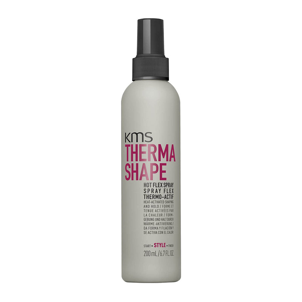 KMS ThermaShape Hot Flex Spray bottle demonstrates flexible hold for heat styling.