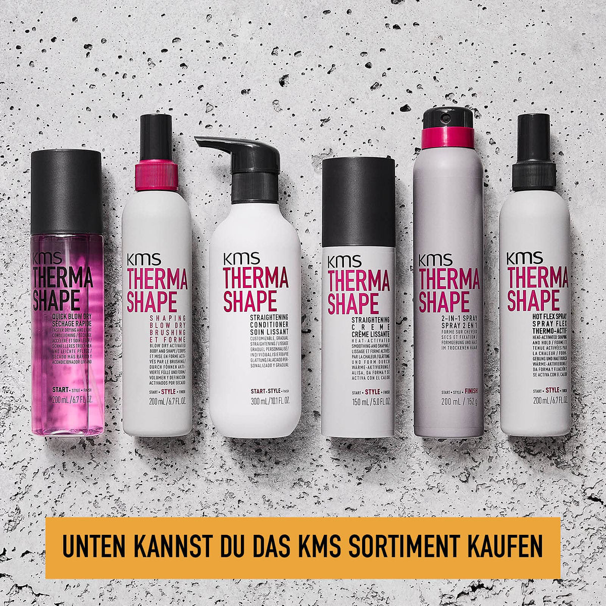 KMS ThermaShape packaging and bottle display for premium hair styling.