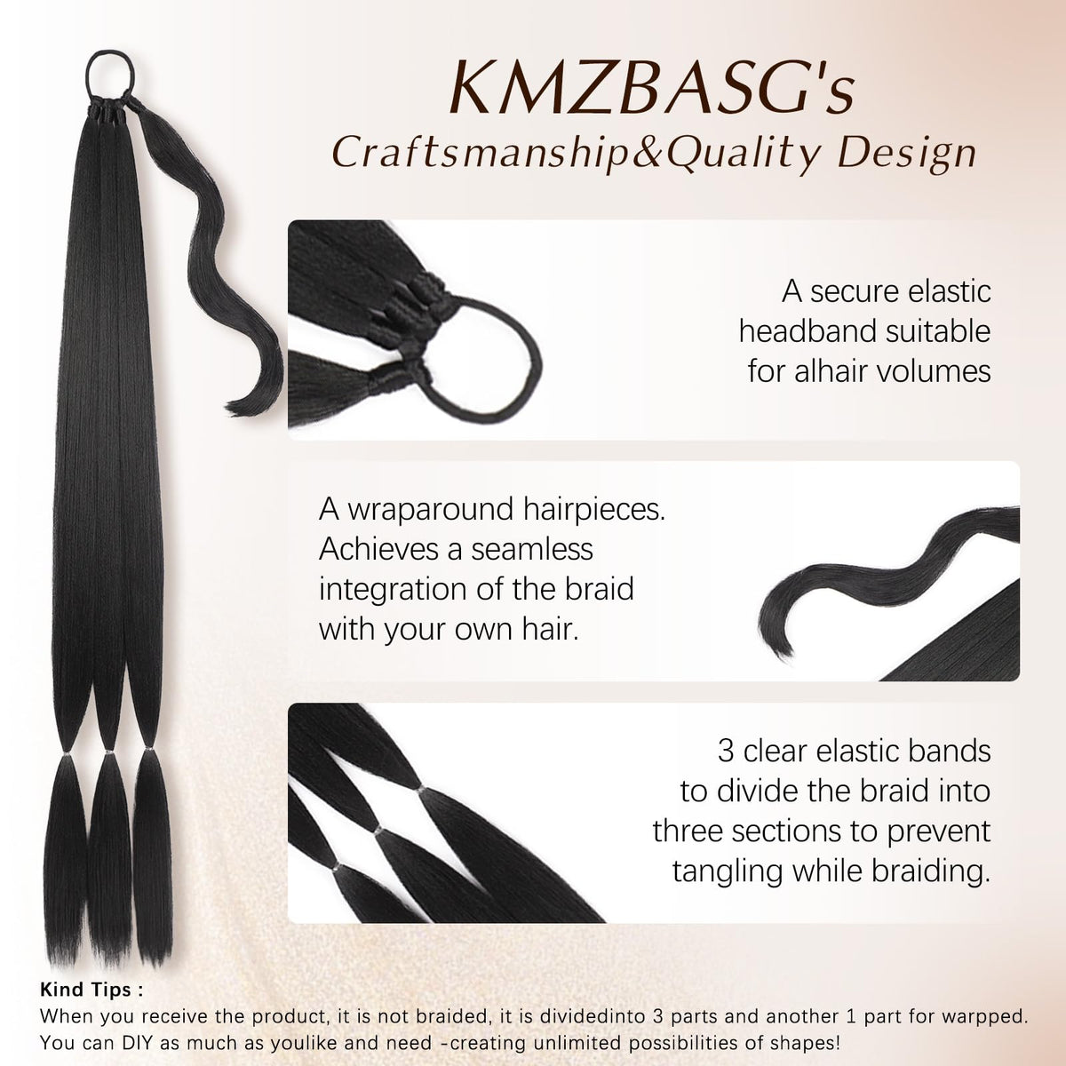 Kmzbasg black braided ponytail extension wrap-around secures with elastic band for quick styling.