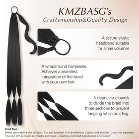 Kmzbasg black braided ponytail extension wrap-around secures with elastic band for quick styling.