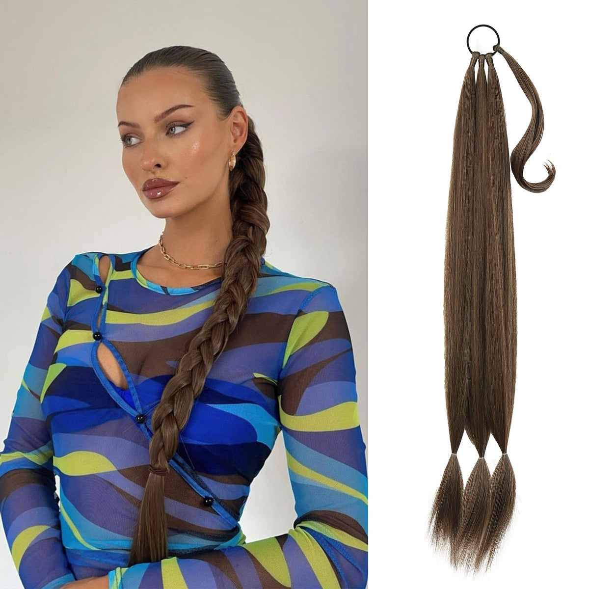 Kmzbasg long braid ponytail extension front view shows instant volume and natural look