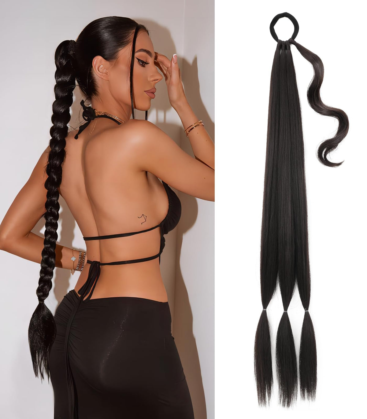 Kmzbasg long braid ponytail extension front view shows natural blend and dramatic length.