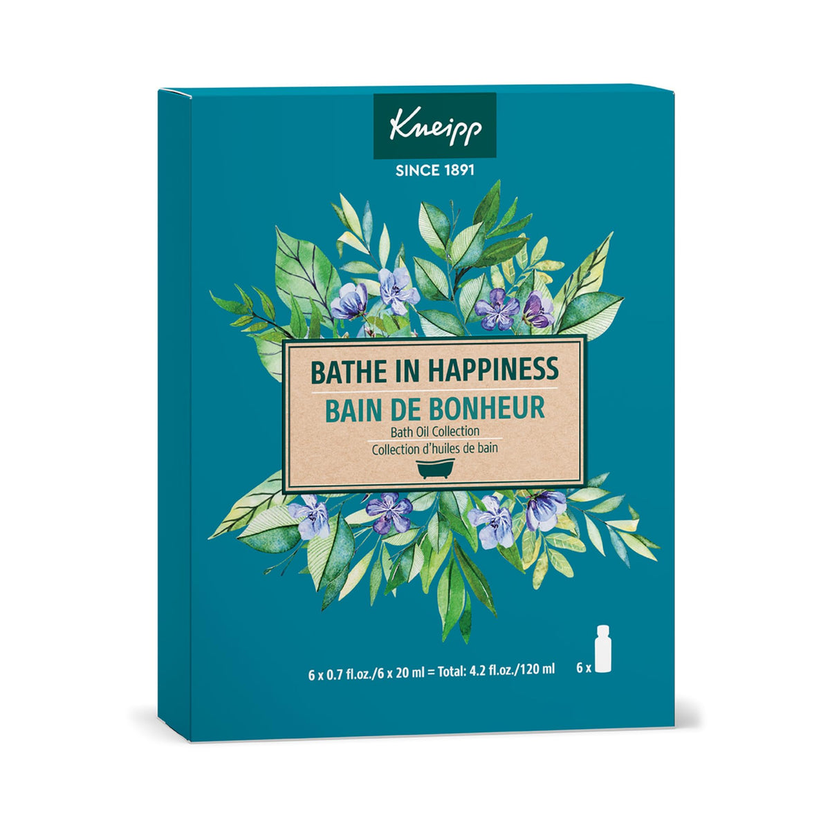 Kneipp Bathe in Happiness six-piece gift set on shelf for an aromatic bath experience