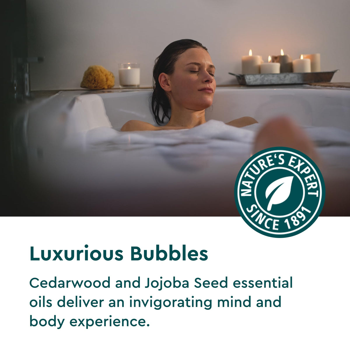 Kneipp Cedarwood Aromatherapy Bubble Bath ingredients panel highlights plant-based vegan formula.