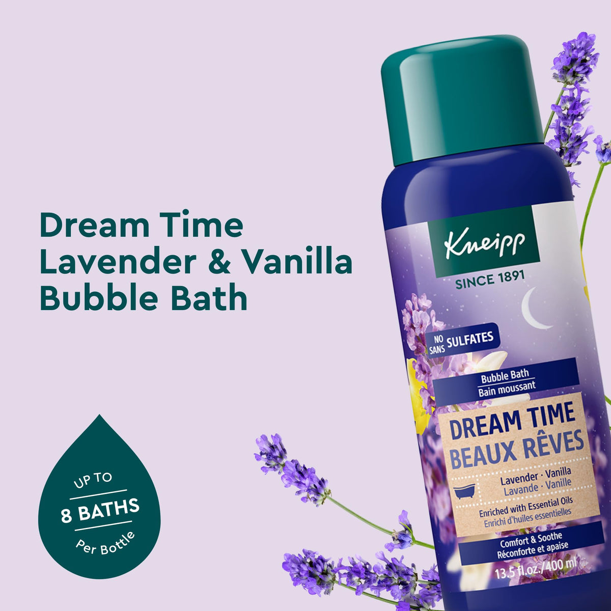 Kneipp Dream Time Lavender and Vanilla bubbles delivering a calming aromatherapy moment.