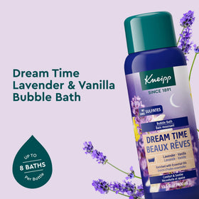 Kneipp Dream Time Lavender and Vanilla bubbles delivering a calming aromatherapy moment.