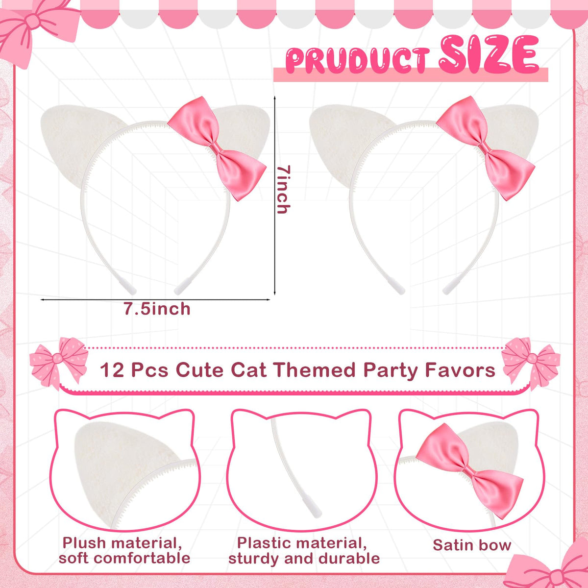 Knitgrip cat bow headband close-up—soft plush ears and satin bow comfortable all night.