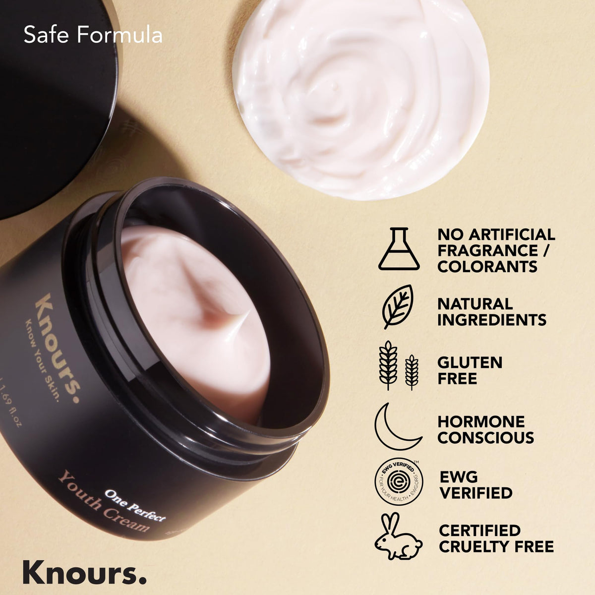 Open tub of Knours One Perfect Youth Cream for sensitive, dull skin.
