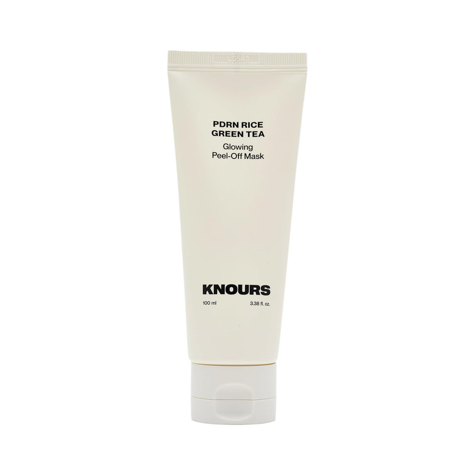 Knours PDRN Rice & Green Tea Glowing Peel Off Mask in jar boosts hydration and radiance.