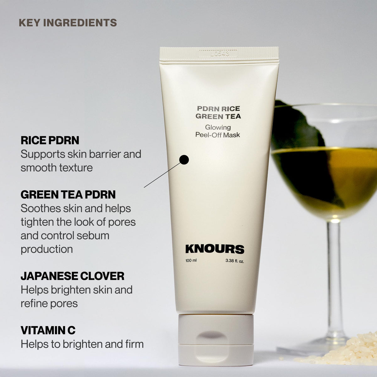 Knours PDRN Rice Green Tea Peel Mask texture close-up shows gentle exfoliation.