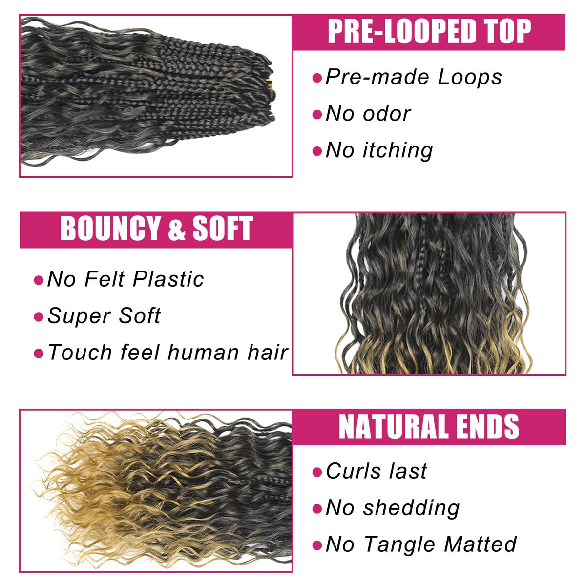Knovotch no-tangle no-shedding design for simpler maintenance in 18inch braids.