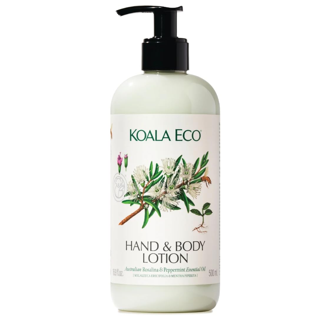 Koala Eco Rosalina & Peppermint body lotion bottle showing uplifting fragrance