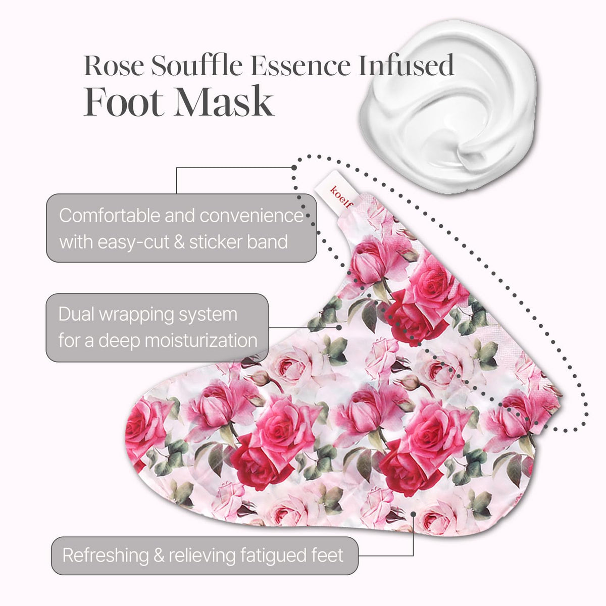 Koelf Rose Petal Satin Foot Mask ingredients like ceramide and shea butter for nourishment.