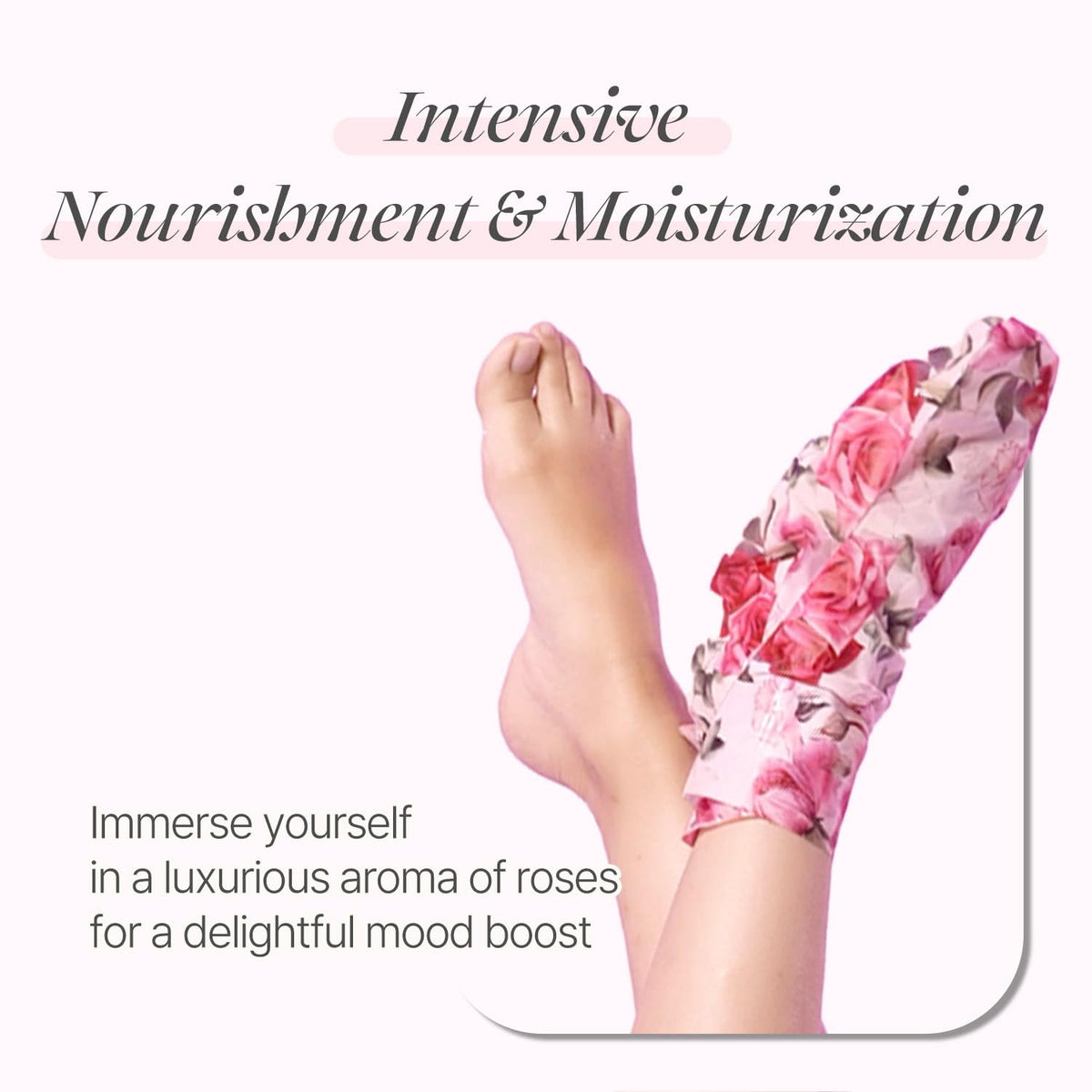 Koelf Rose Petal Satin Foot Mask worn on feet for at-home spa-like care.