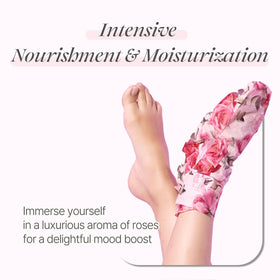 Koelf Rose Petal Satin Foot Mask worn on feet for at-home spa-like care.