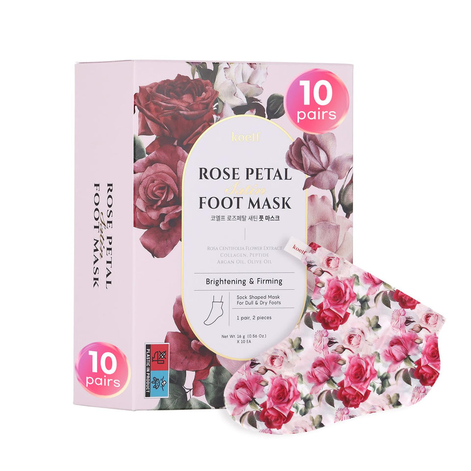 Koelf Rose Petal Satin Foot Mask package front highlighting luxurious hydration for dry feet.
