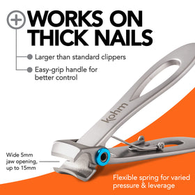 Close-up of wide jaw clipping a thick nail with ease.