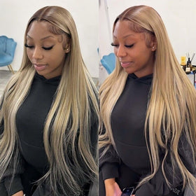 Koinu Ash Blonde Wig lace-front closeup shows invisible hairline and seamless part.