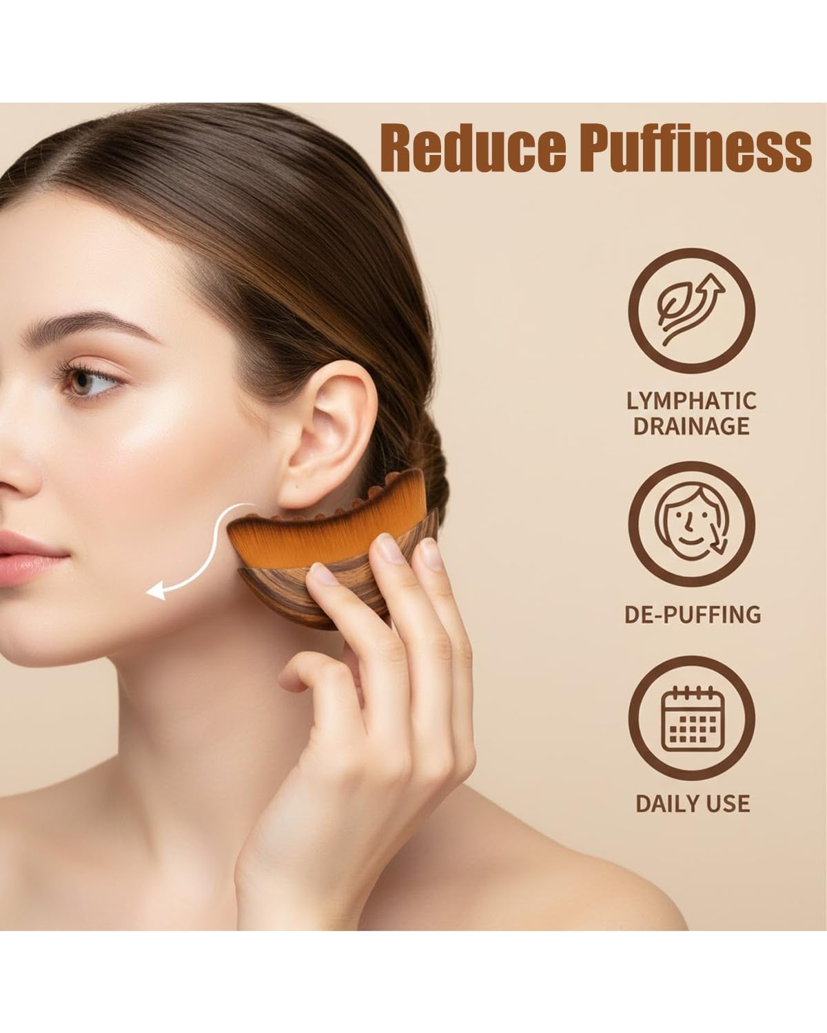 Kojeva Lymphatic Contour Face Brush Ergonomic Curve guides smooth facial massages.