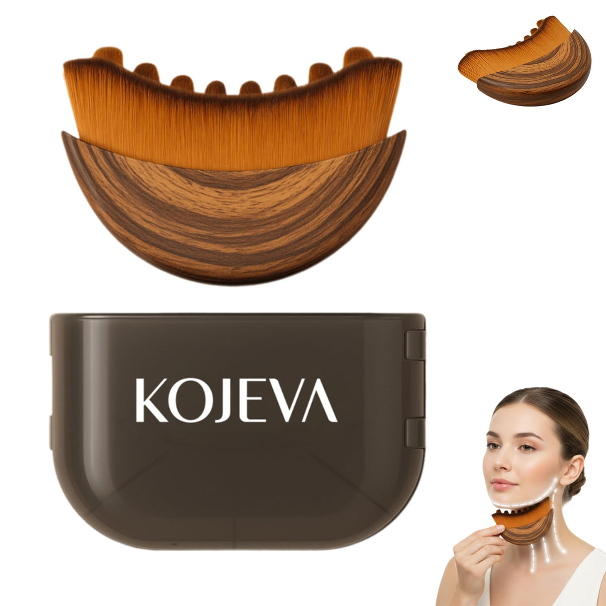 Kojeva lymphatic contour face brush demonstrates gentle drainage to help reduce puffiness.