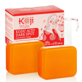 Koji White 4% Kojic Acid bar close-up with smooth texture for brightening skin.
