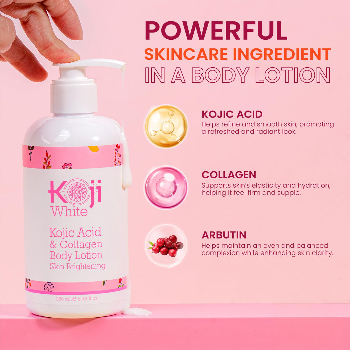 Graphic focusing on kojic acid and arbutin in Koji White formula